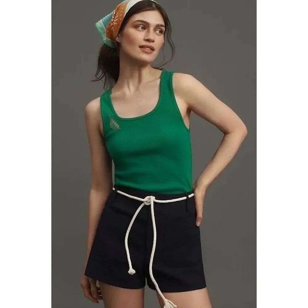Anthropologie Maeve Embroidered Icon Tank Peas Green Medium M NEW